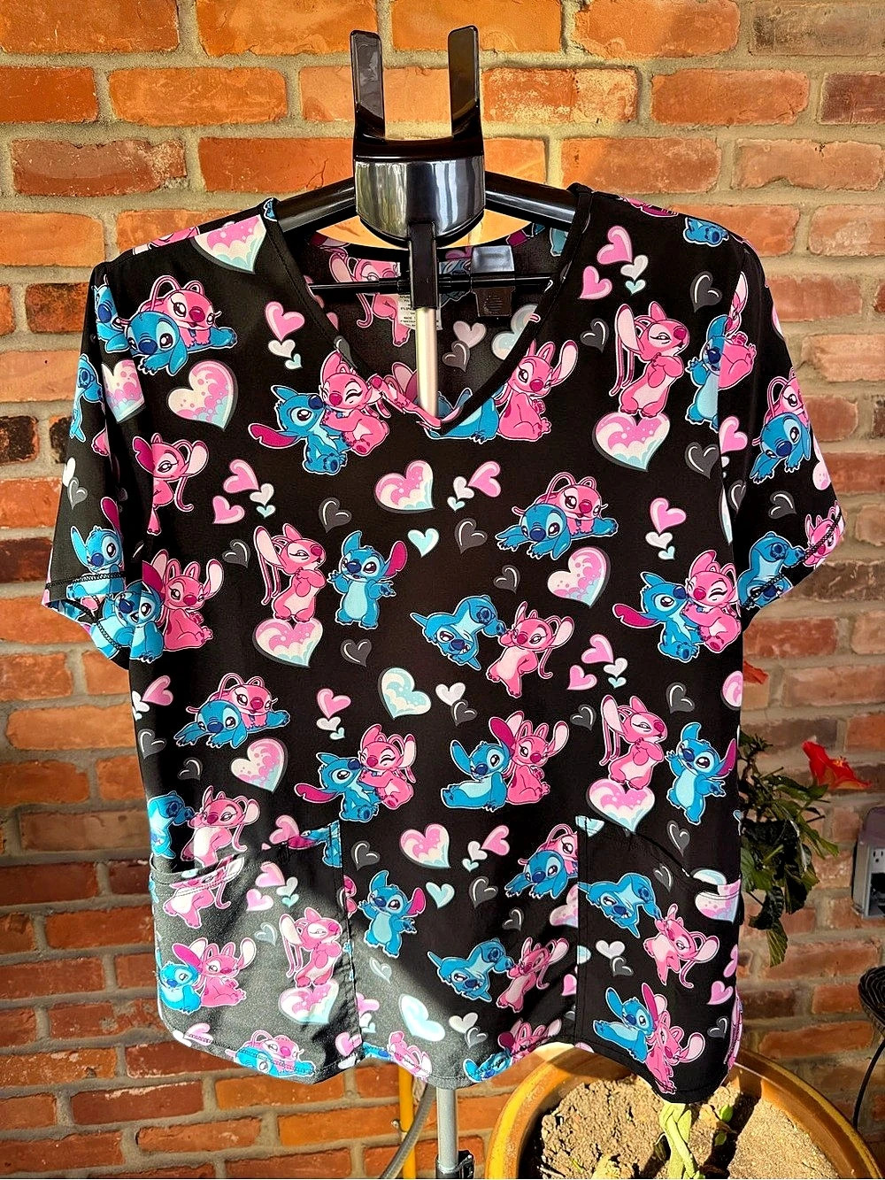 Disney Stitch Valentines V-Neck Scrub Top, large